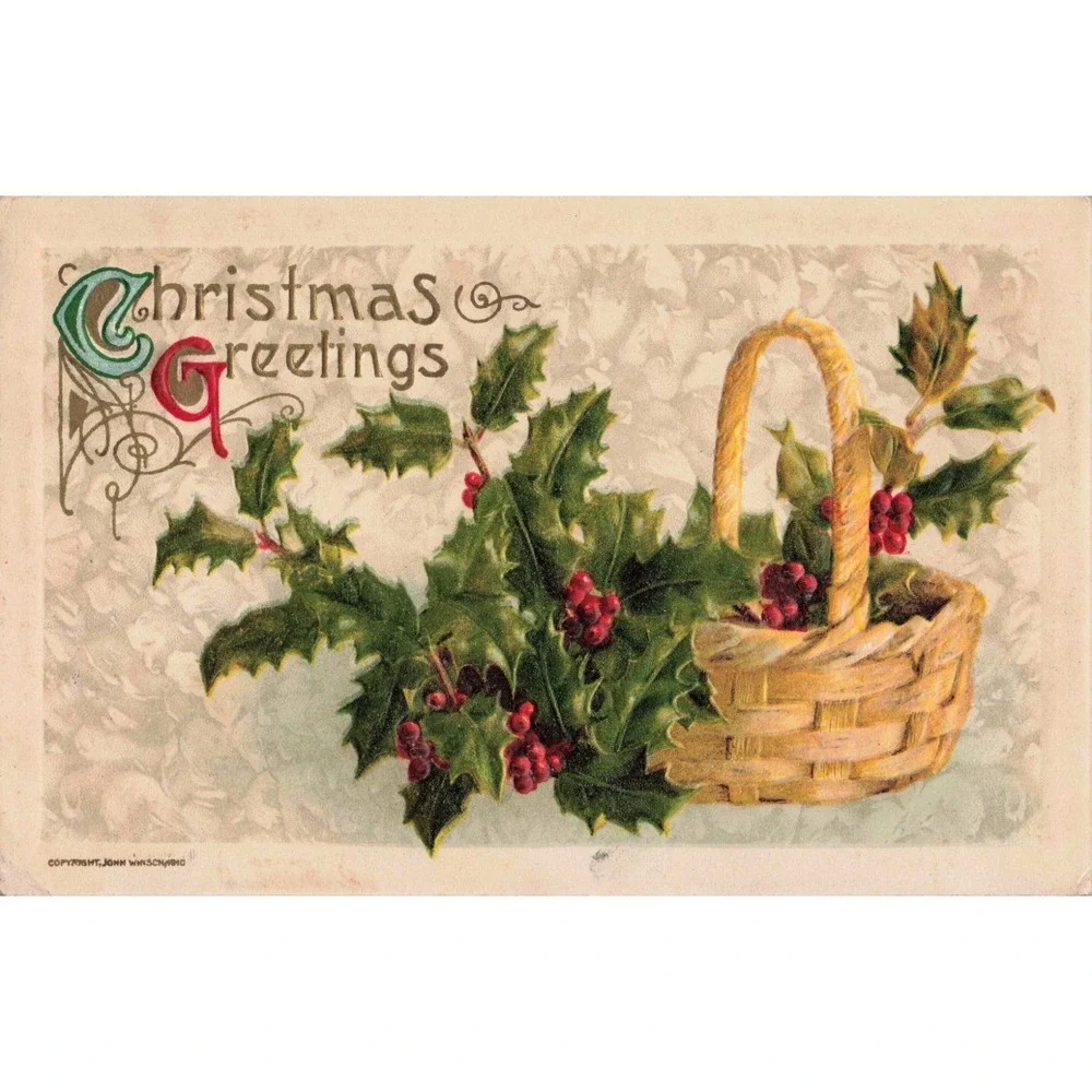 Vintage 1911 Christmas Greetings Postcard Holly Berries Basket Embossed VG